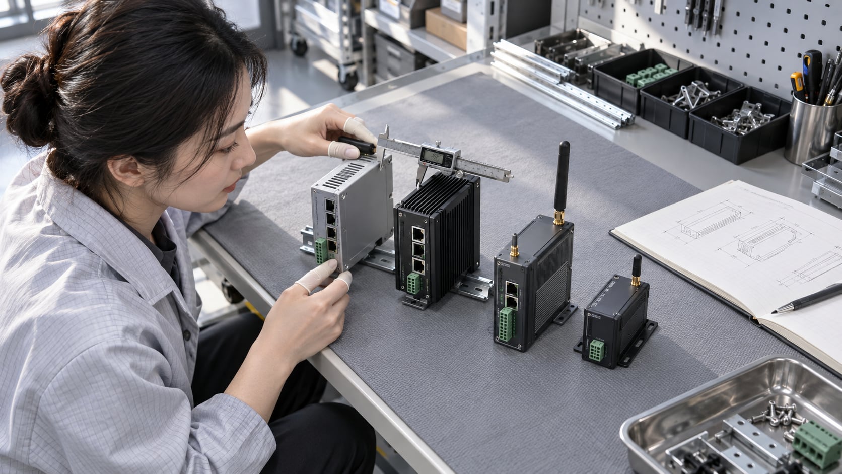 四类工业网关并排摆放并用卡尺量取尺寸