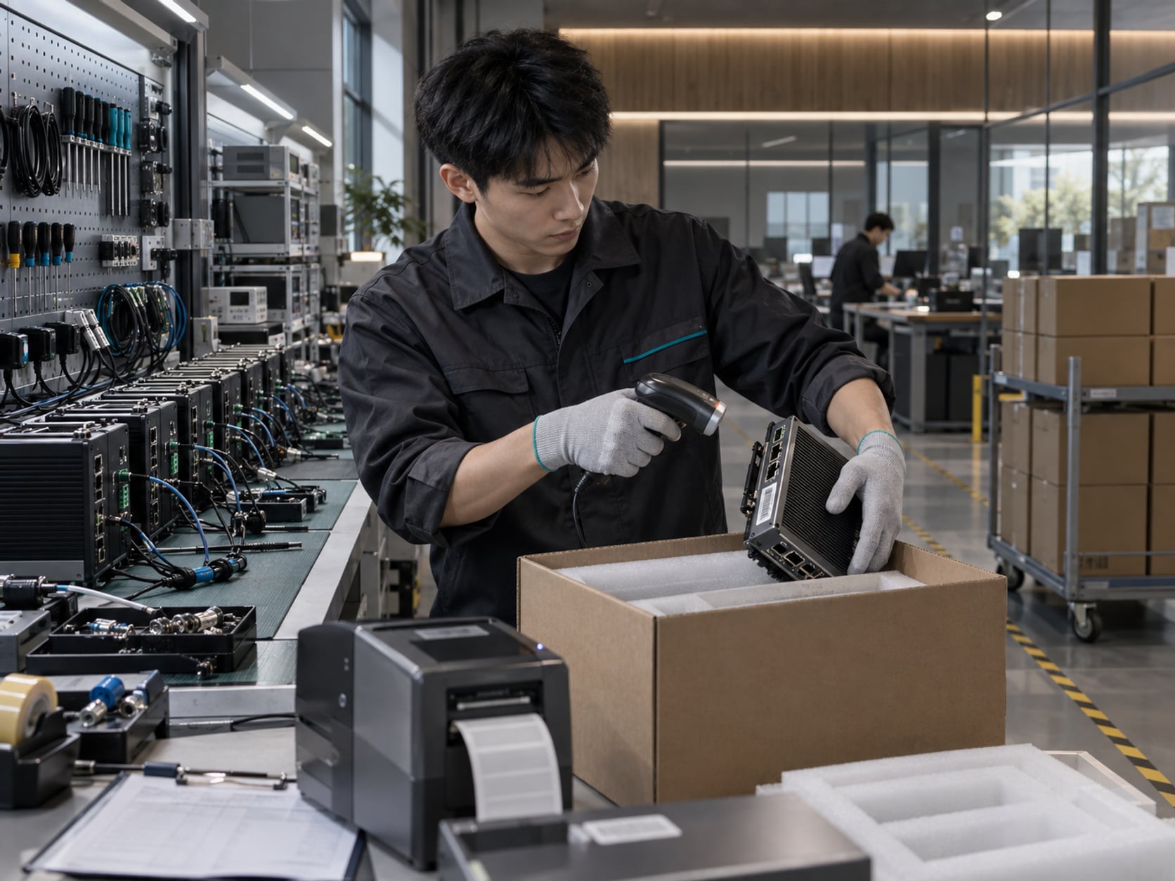 出厂全检工位：整机在测试架上通电，屏幕显示测试项与判定结果，台面放着测试治具与条码扫描枪