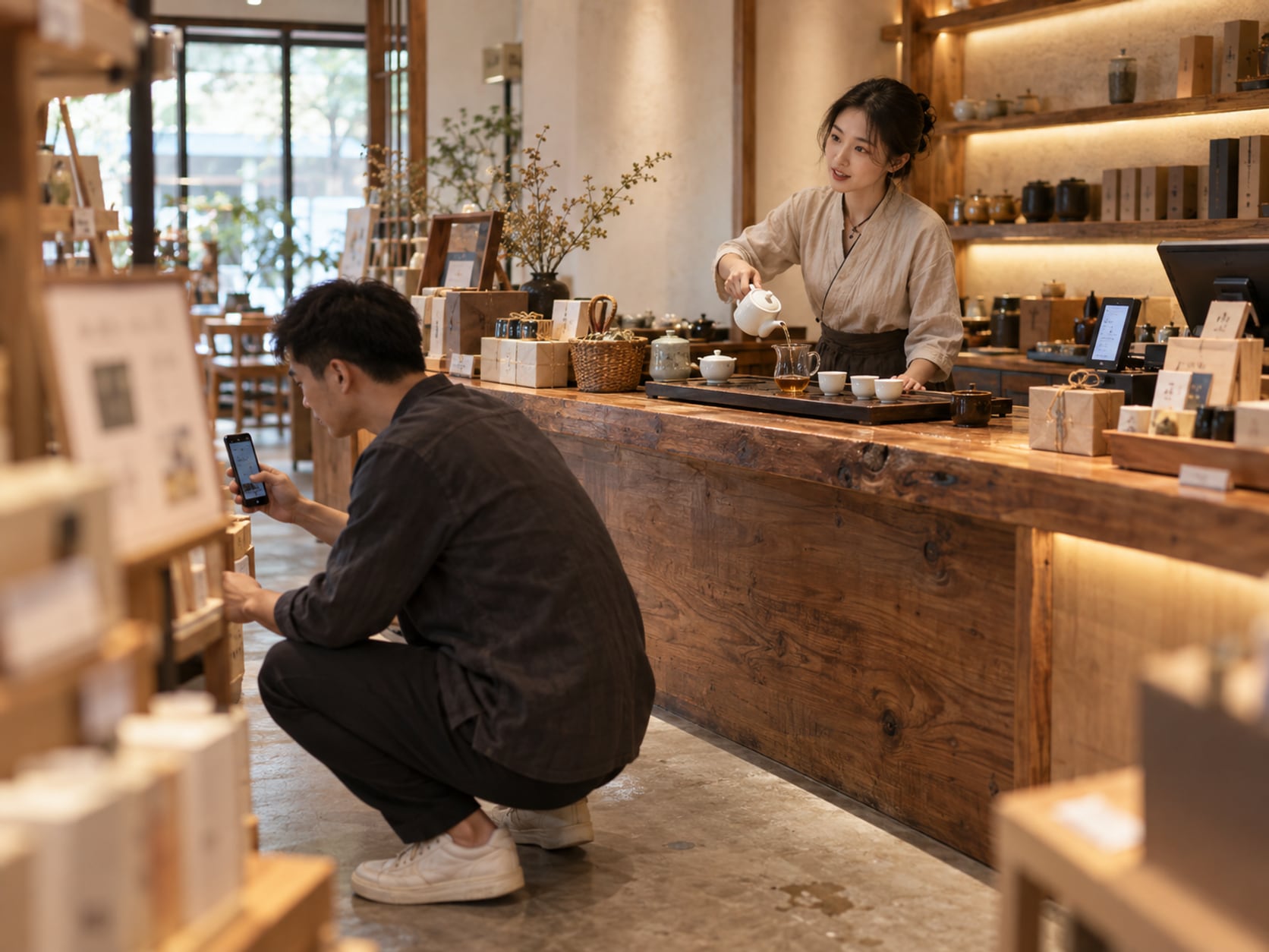 原木长柜台后，店员在茶盘上注水出汤，柜前顾客蹲着看手机，身后货架上码着纸包装与器物，窗外是庭院绿植