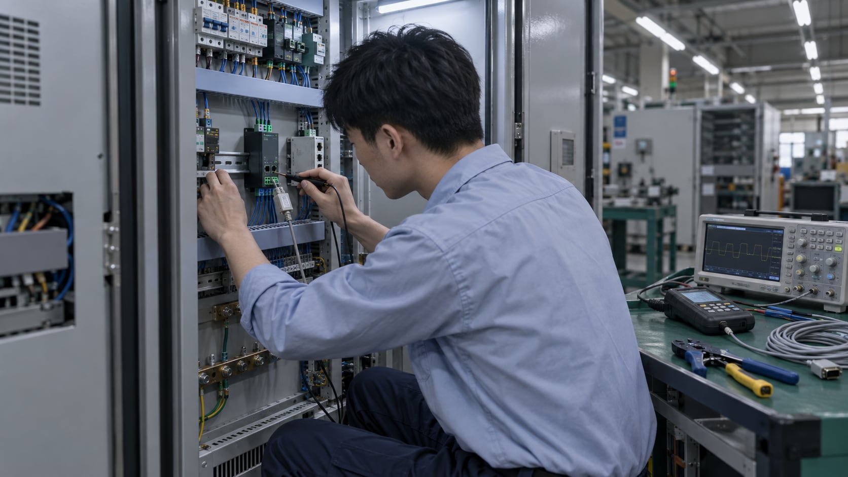 工厂电控柜检修现场，导轨上卡装着工业透传终端，工程师用串口测试仪的探针搭在端子上，旁边桌面放着数字示波器