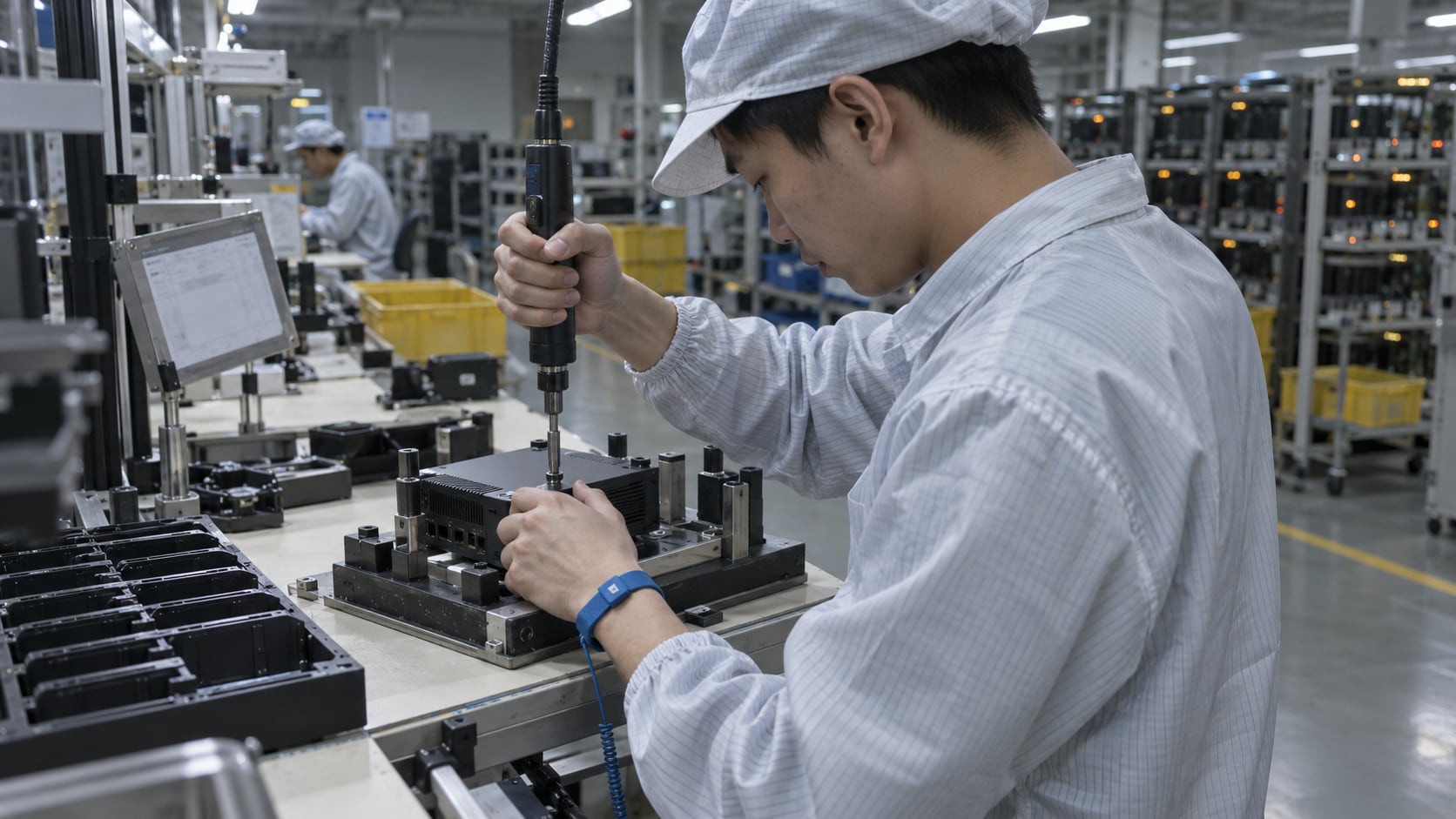 电子厂产线测试工位,测试员手持电批对工业终端做壳体锁付,台面有测试治具与随工流程卡,背景是通电老化架