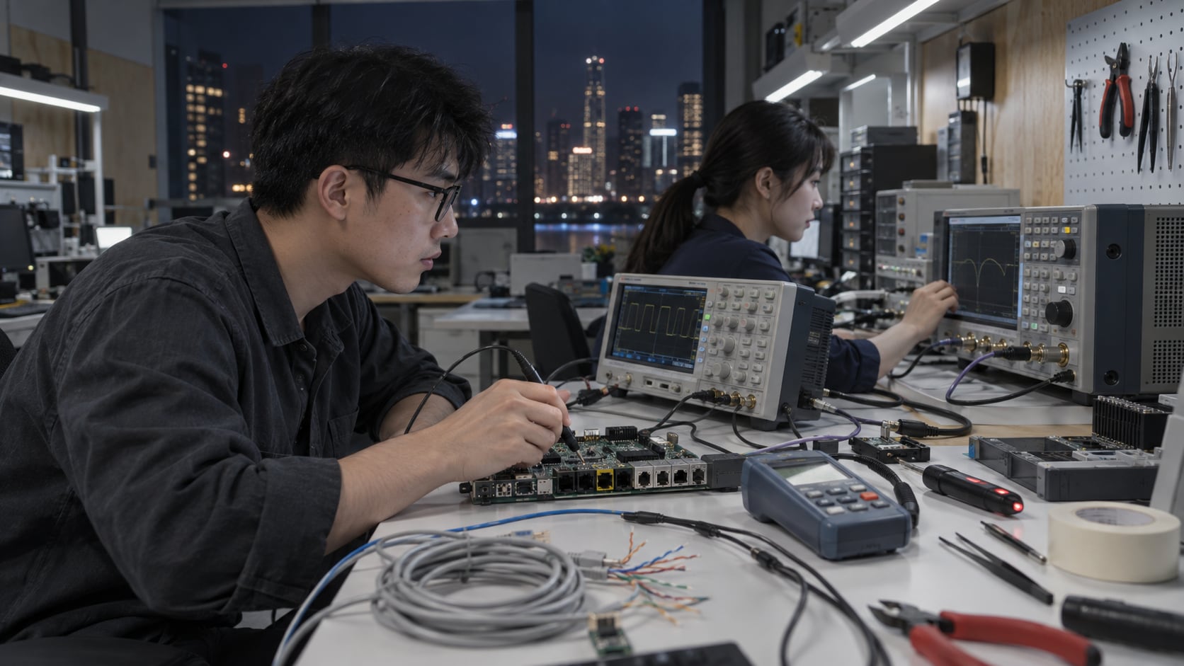 夜间实验室里一位工程师手持示波器探头点在网关主板上，另一位在相邻工位操作分析仪，洞洞板上挂着工具