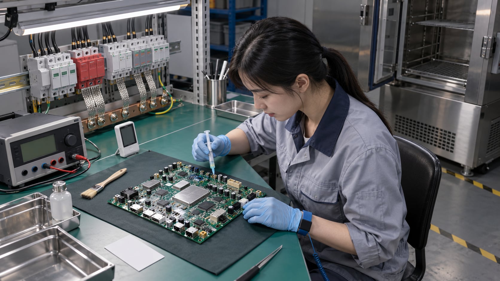 实验室内工程师戴手套调节测试夹具，桌上是频谱仪与测试工装，背景是吸波尖劈暗室与整排老化架上的设备