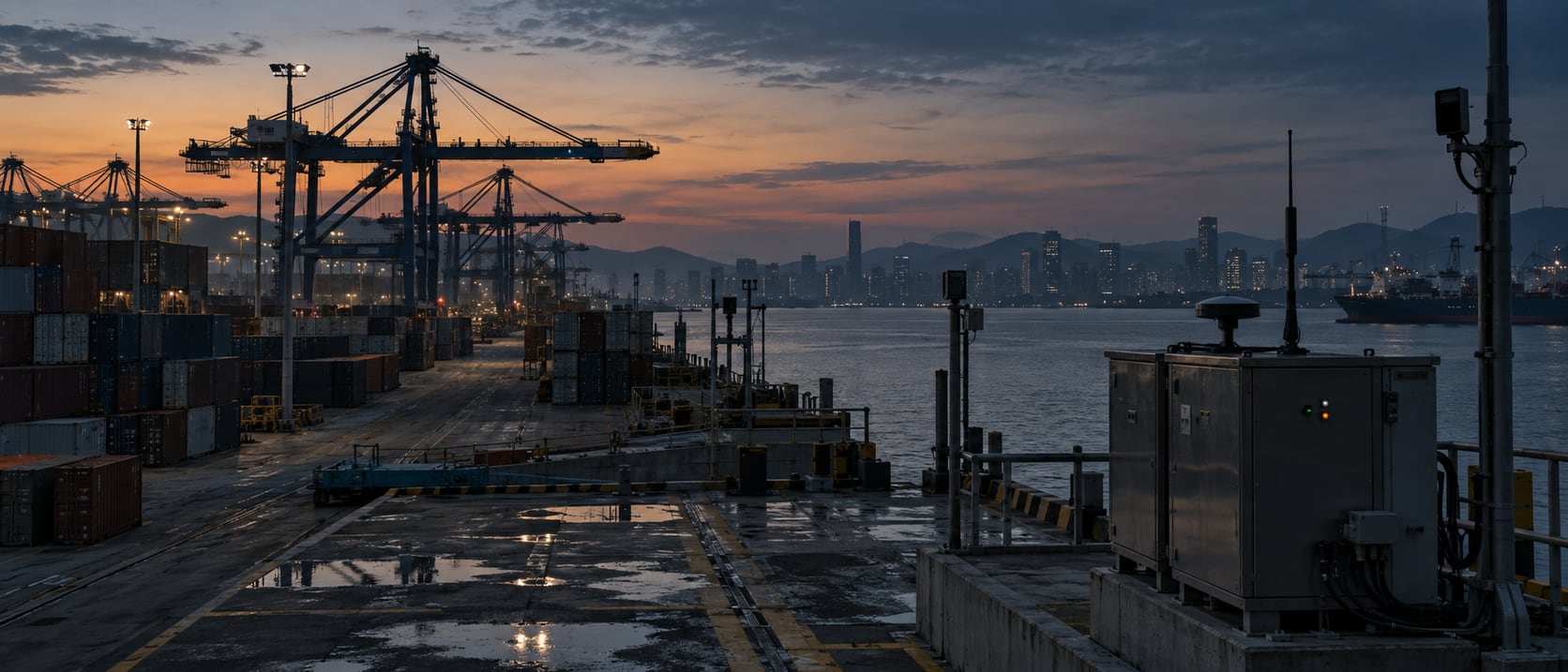 黄昏的沿海集装箱港区,远处是成排集装箱与门式起重机,近景是码头配电与通信箱体的平台,地面有黄色安全标线