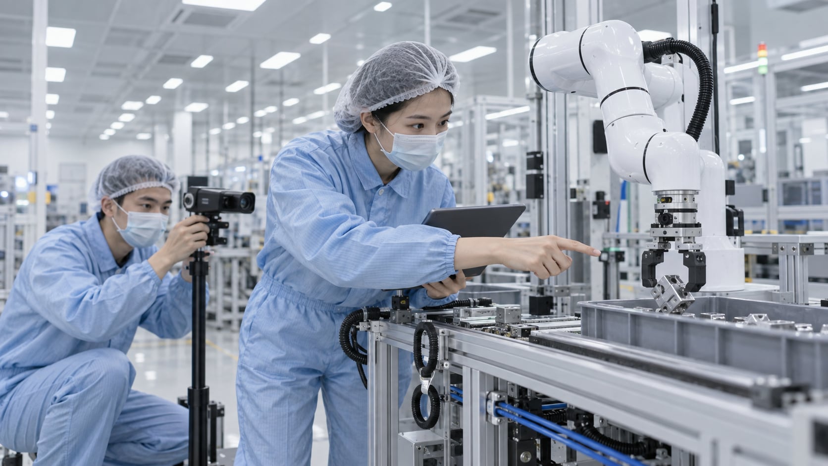 洁净装配车间里六轴协作机械臂的夹爪从料筐中抓起精密结构件，两名工程师在旁确认抓取点与相机角度