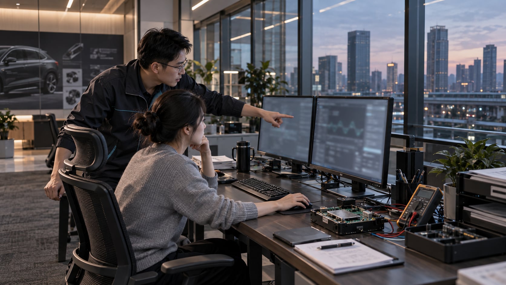 远程诊断工位：工程师在双屏前查看车辆回传的故障码与电池数据，桌面摆着诊断仪与线束