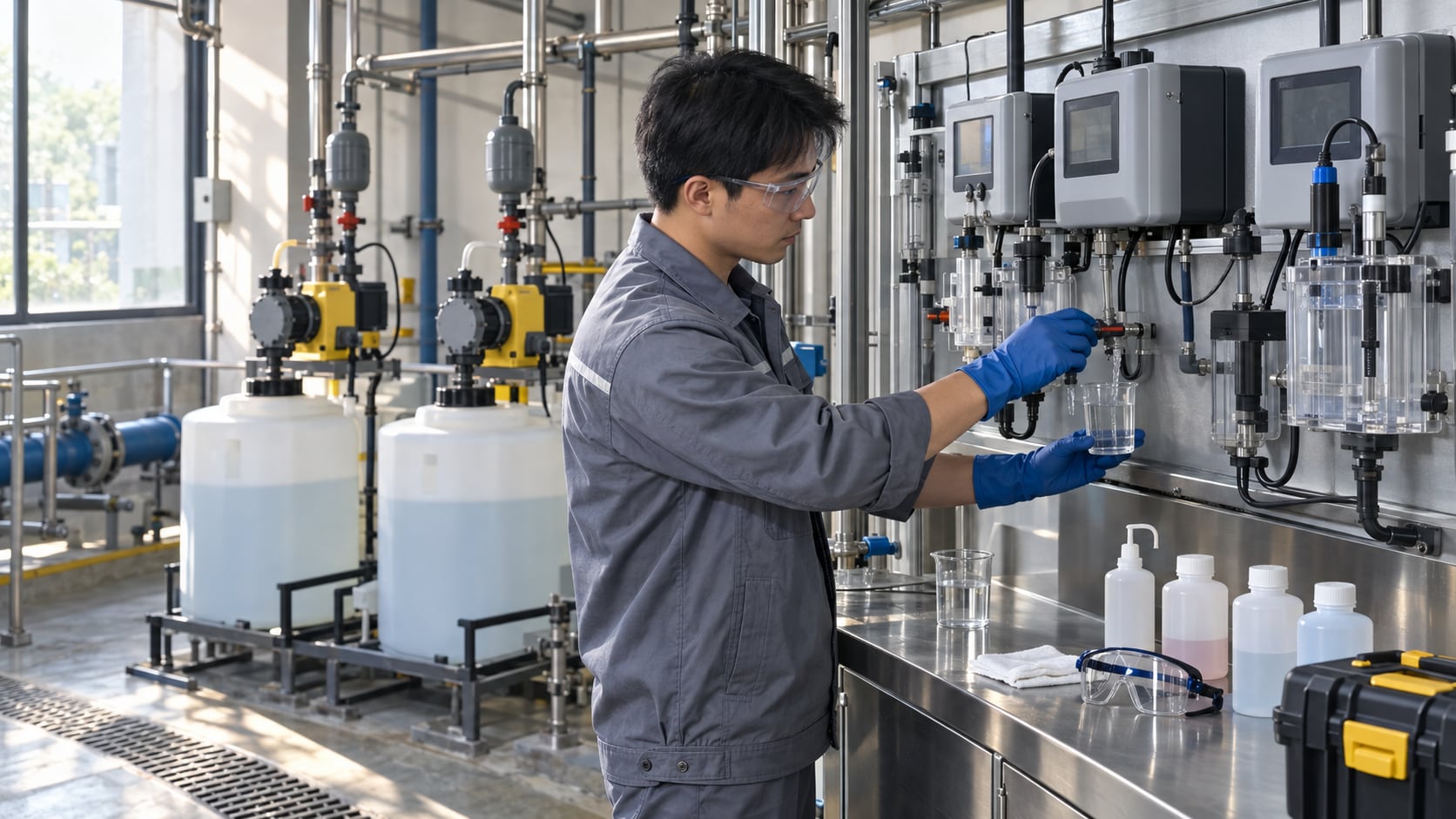 加药间里工程师旋开取样阀接取水样