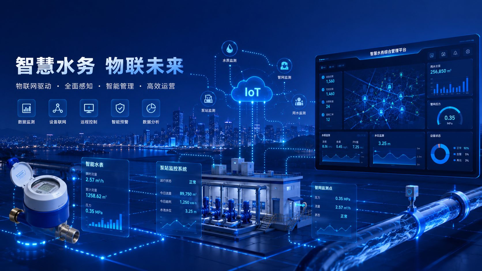 智慧水务供水管网与泵站监测场景示意图
