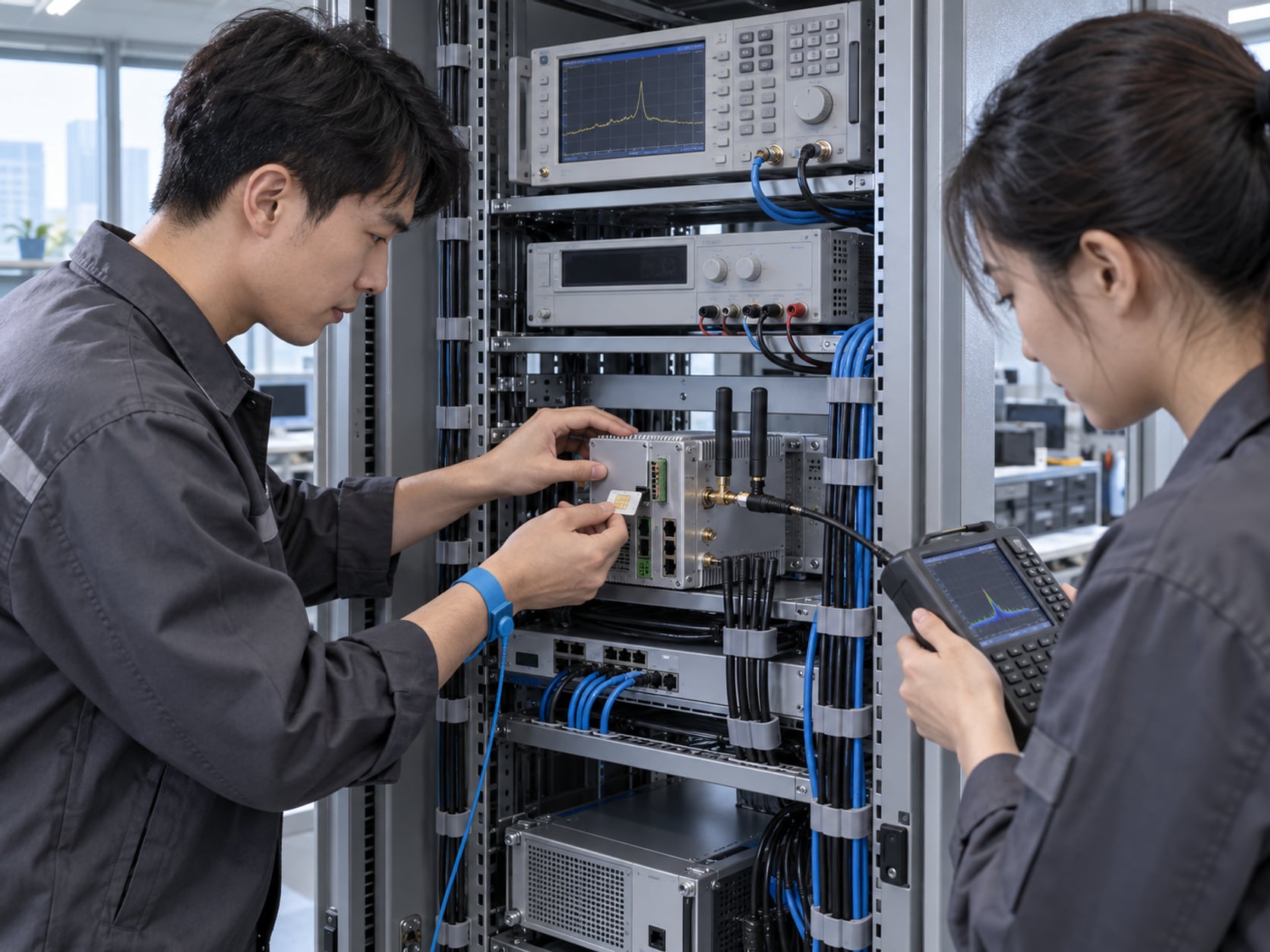实验室内，工程师在测试台前核对 5G 模组与终端的联调数据