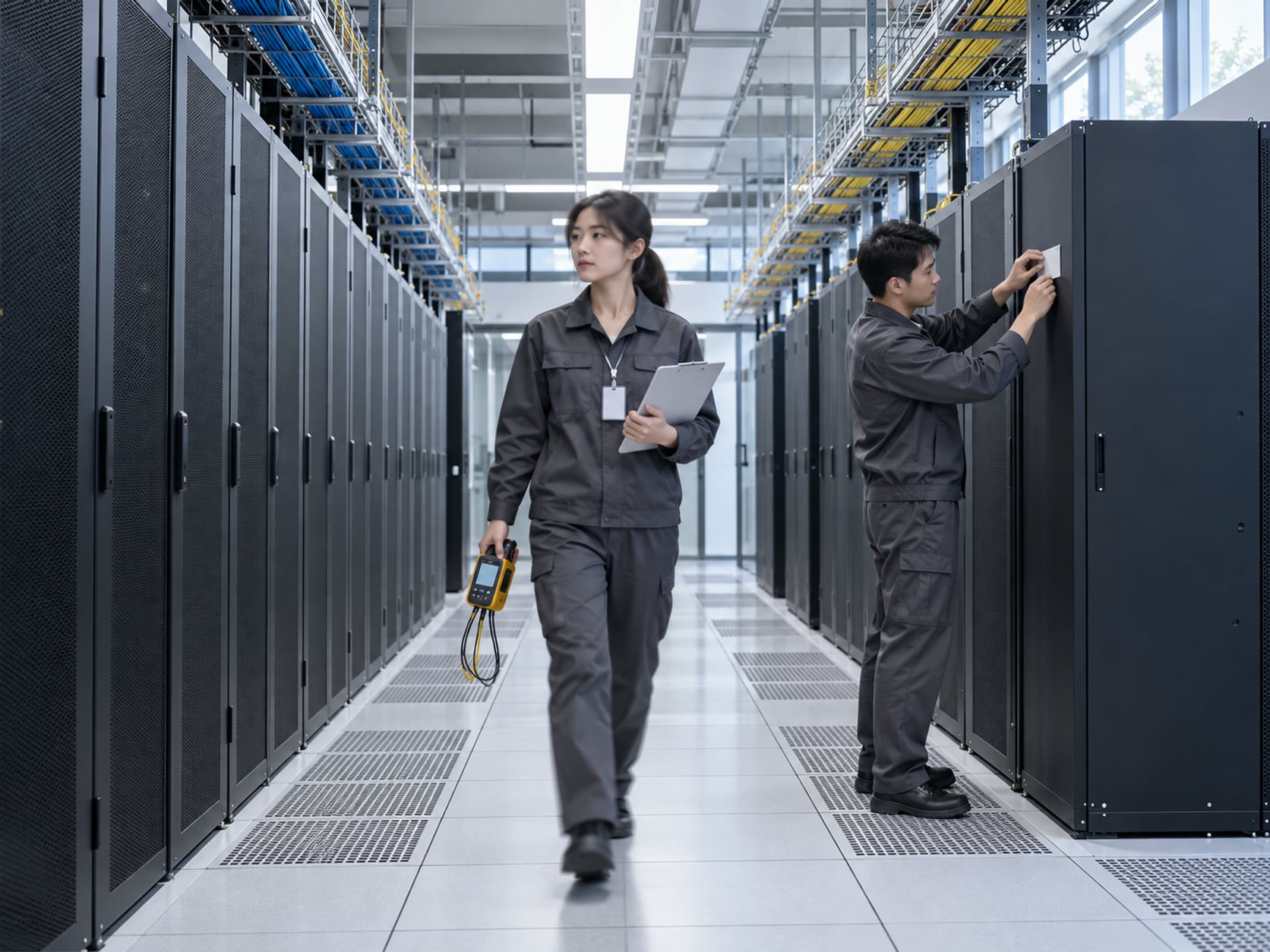 机房冷通道内，两名人员手持检查表沿机柜逐排核对设备与线标