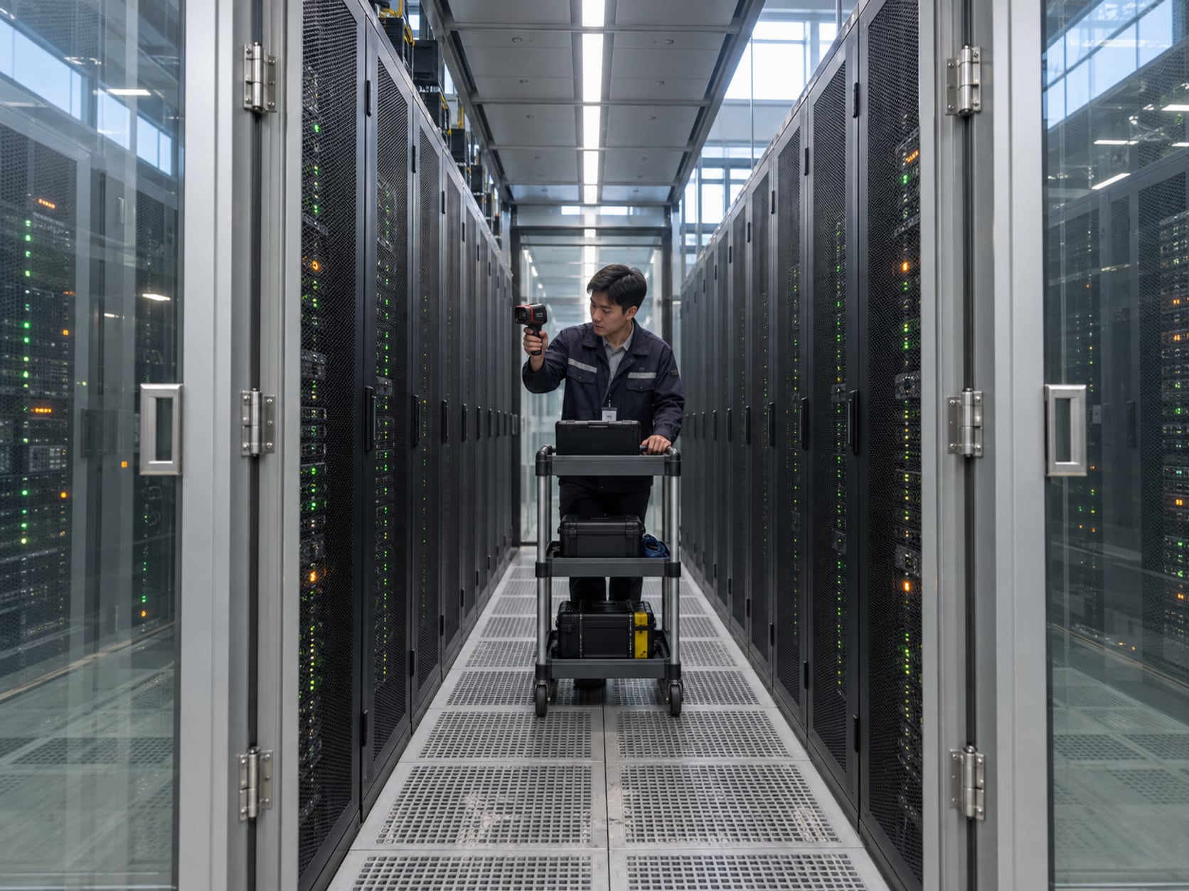 模块机房冷通道内工程师举热像仪巡检机柜