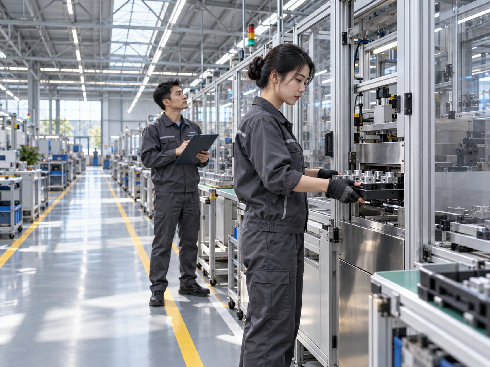 智造车间产线上工艺员把工件托盘推入定位槽
