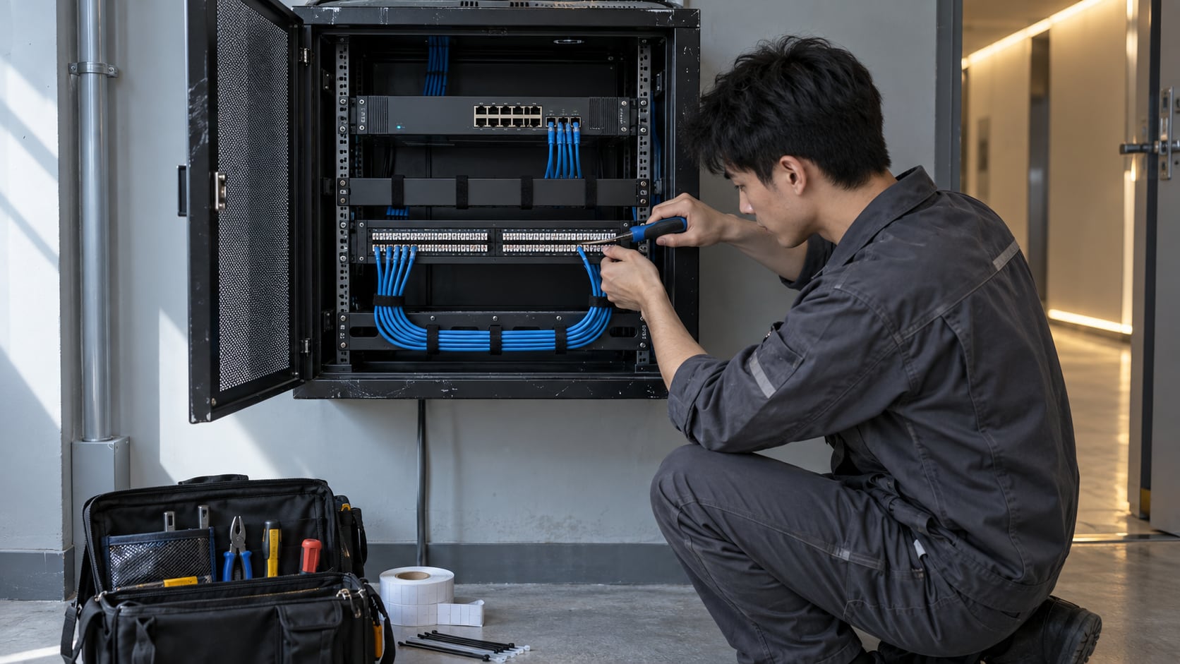 客户机房内，工程师蹲在打开的机柜前整理网线与端子标识