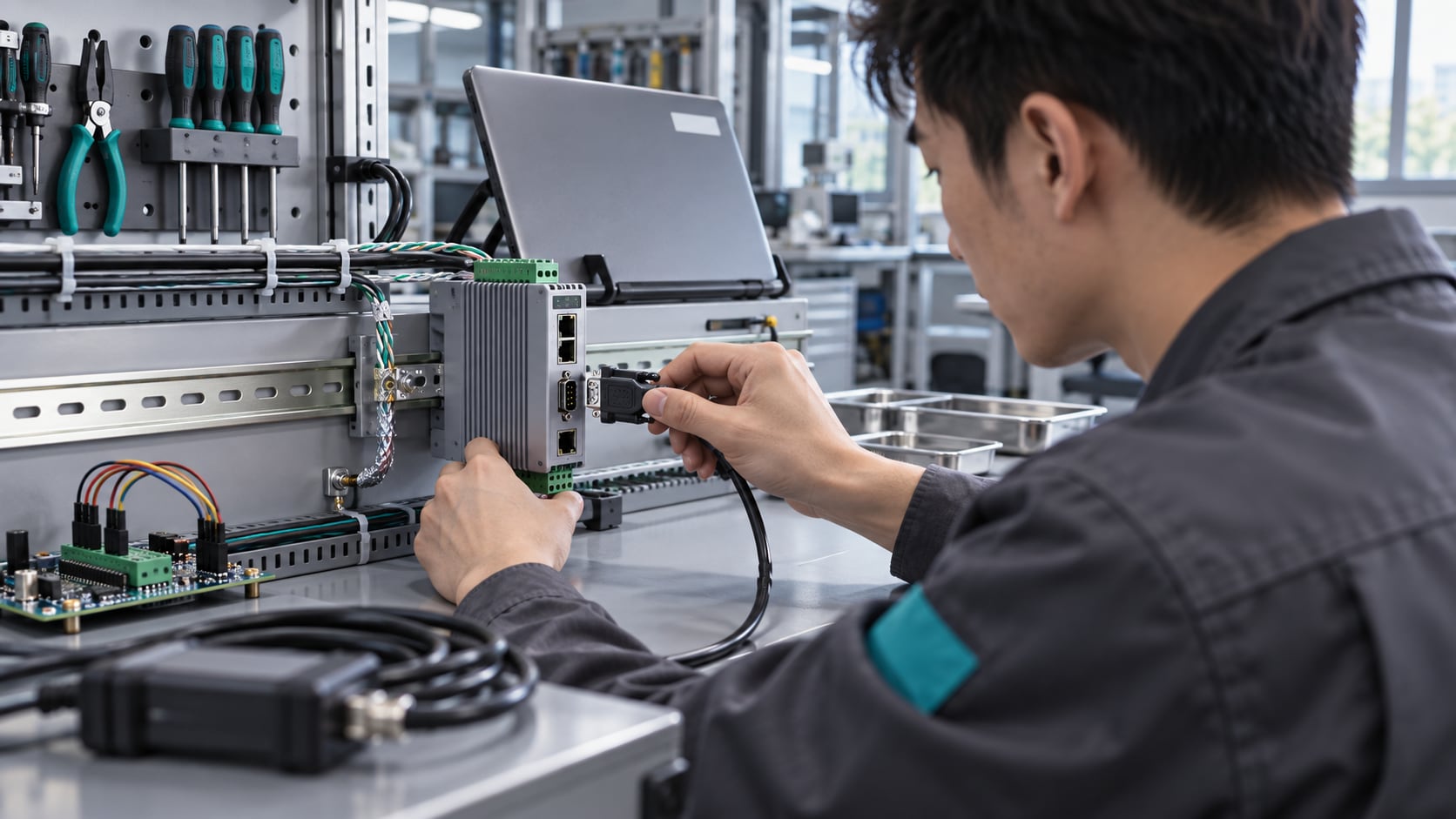 工程师用笔记本抓取 CAN 总线报文，示波器探头贴着接线端子