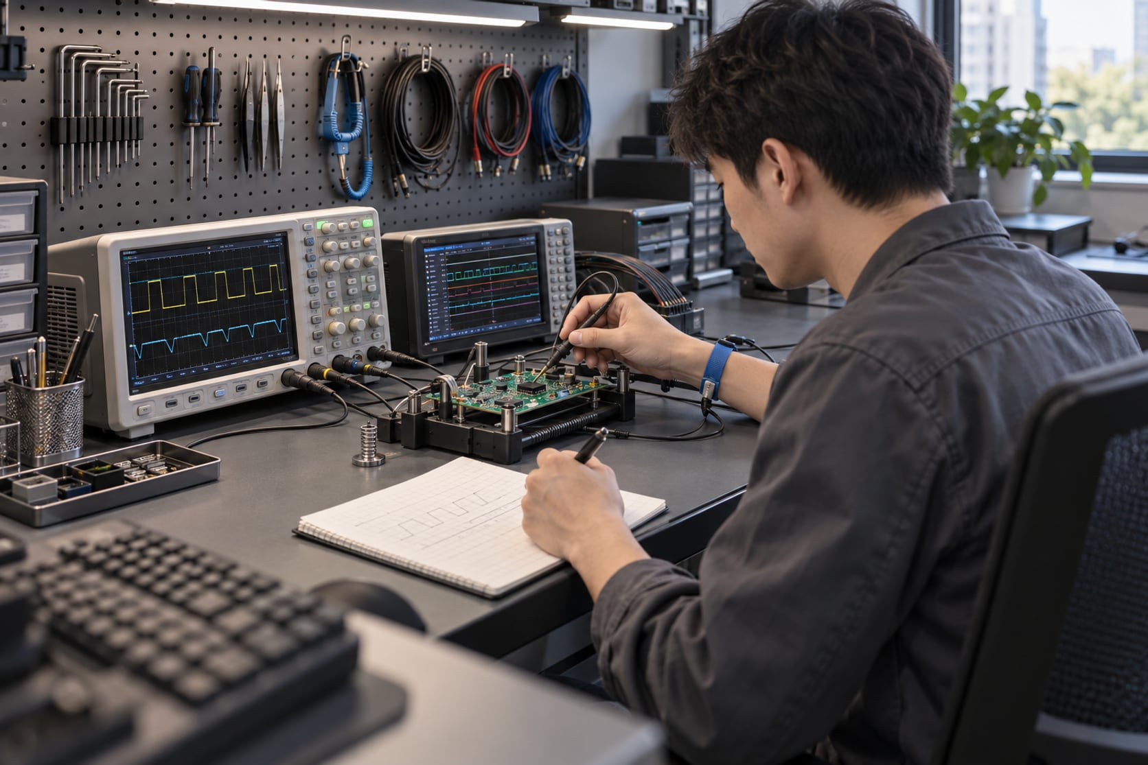 硬件工程师在工作台前用示波器探头测板卡
