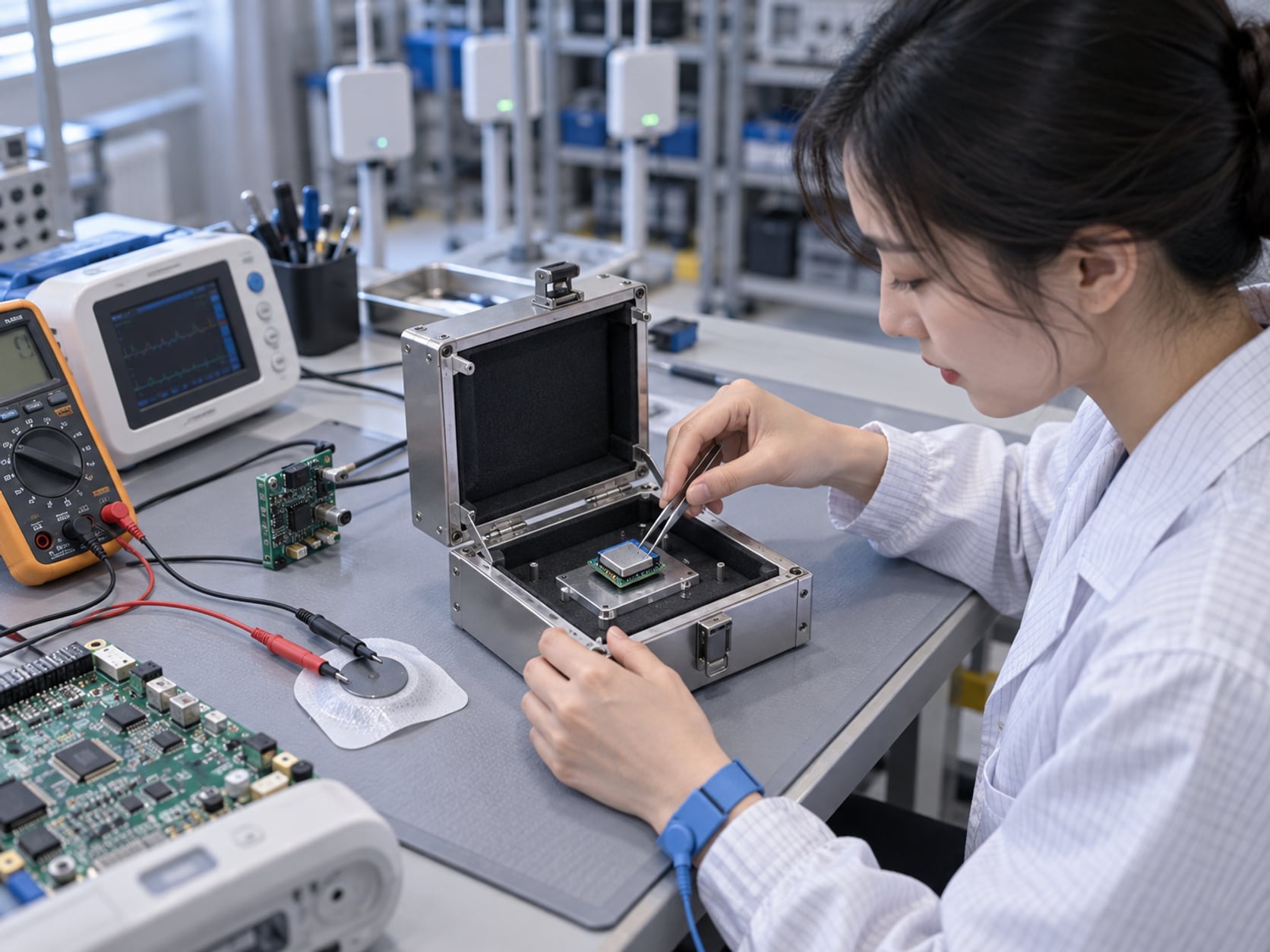 设备科台面上工程师用镊子把通信模组放入夹具